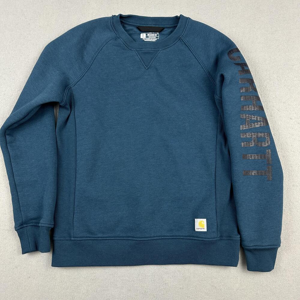 Carhartt Sweatshirt Women Small Blue Logo Sleeve Fleece Crew TS4410-W S